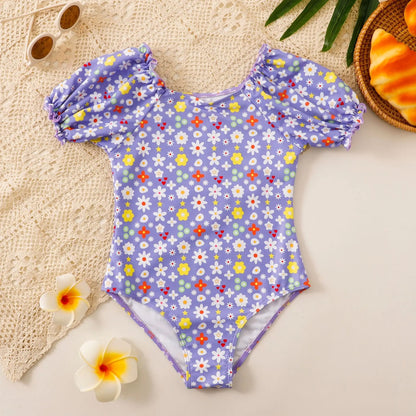 Floral Girls One Piece Swimsuit 7-12 Year Kids Swim Suit Short Sleeve Children's Swimwear Beach Wear Bathing Suits