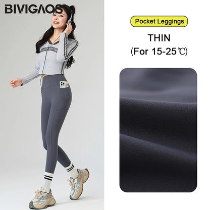 Winter Fleece Pocket Sharkskin Leggings Women High Waist Tight-Fit Velvet Thickened Warm Sports Running Leggings