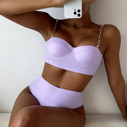 Chain Strap Bikinis  Women Solid Push Up Swimsuit High Waist Swimwear Female  Bathing Suit Swimming Summer Beachwear