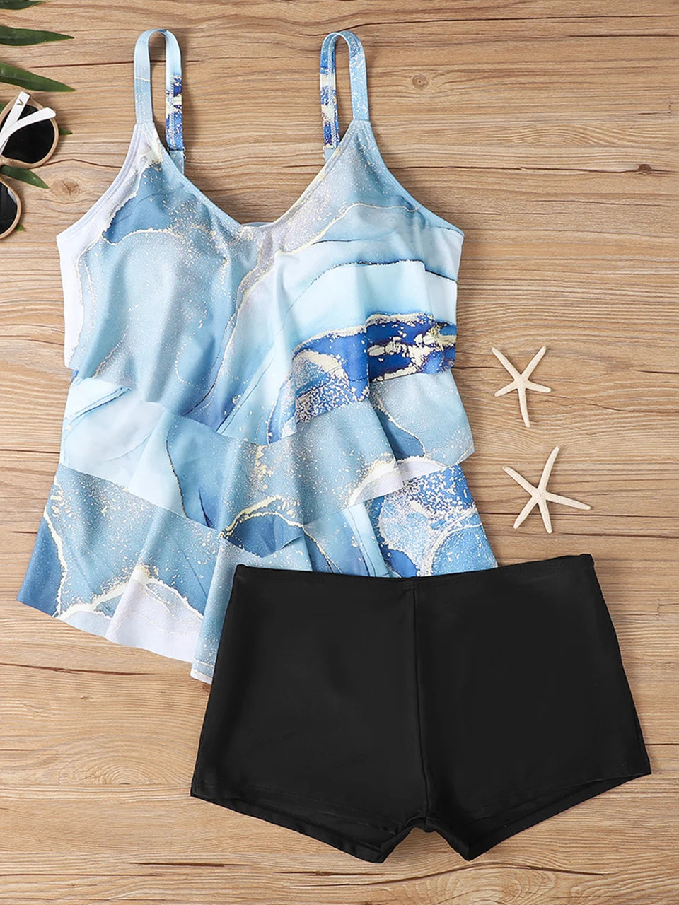 2 Pieces Patchwork Tankini Swimwear With Shorts Women Shoulder Strap Swimsuit Sport Beachwear Summer Female Swimming Suit