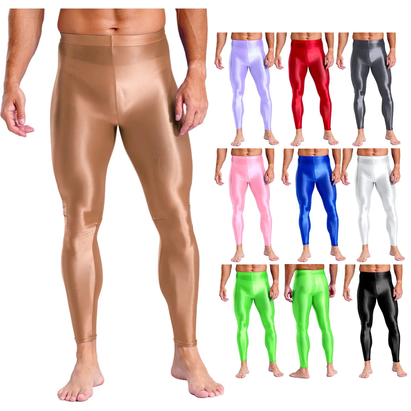 Mens Breathable Pure Color Oil Sports Pants Shiny Metallic Stretchy Casual Leggings Gym Running Workout Fitness Pants Trousers