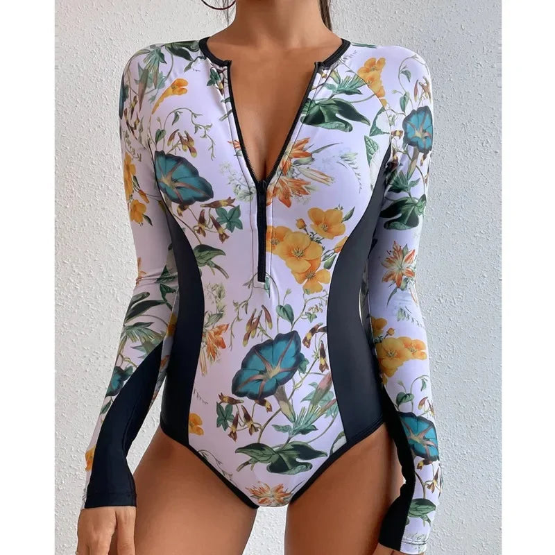 Summer Print Zipper One Piece Swimsuit Closed Long Sleeve Swimwear Sports Surfing Women's Swimming Bathing Suit Beach Bather
