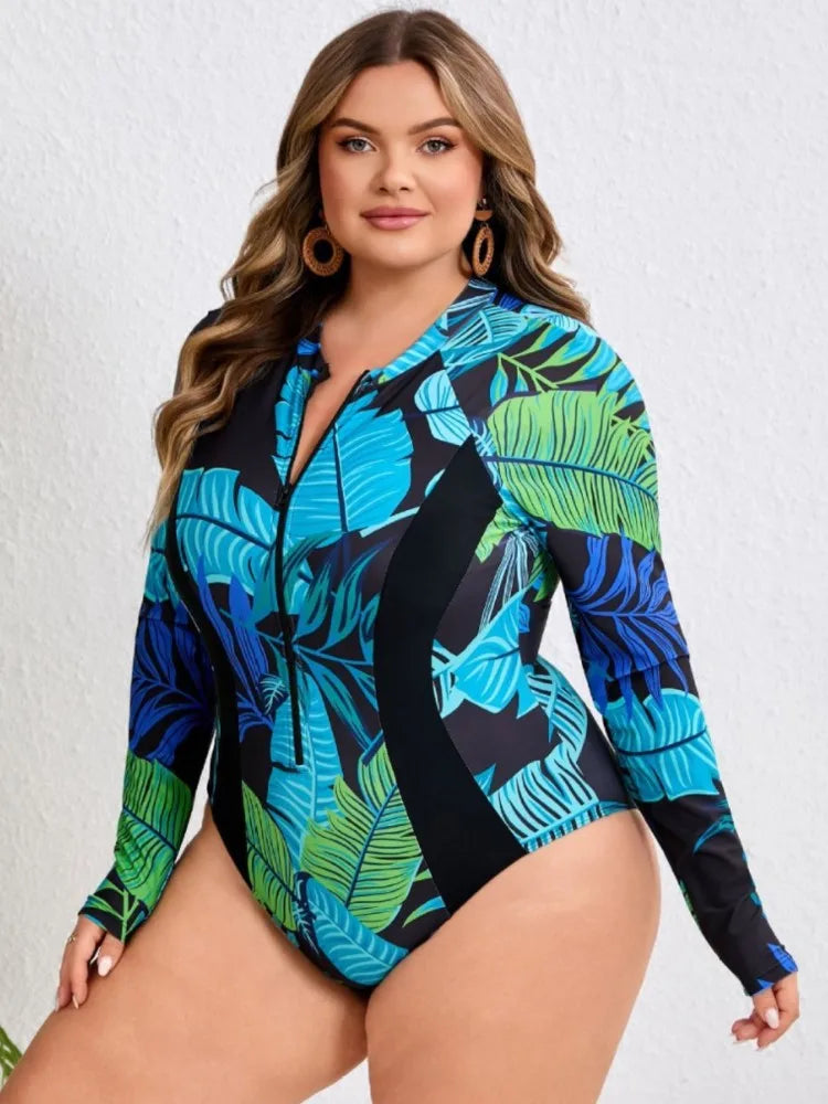 L-4XL Plus Size High One-Piece Swimsuit Long Sleeve Rash Guard Women's Push Up Large Size Swimsuit  Big Size Tummy Control Swimwear Bikini Sets