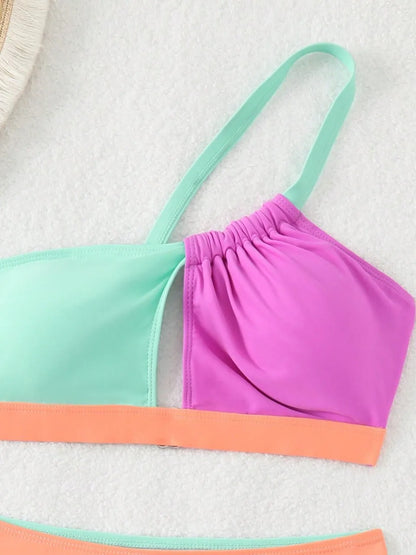 One Shoulder Color Block Bikinis Triangle Swimwear Female Hollow Swimsuit Women Bathers Bathing Swimming Suit Beachwear