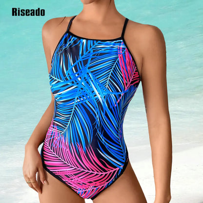 One Piece Swimsuit Leaf Print Cross Back Bathing Suits Swimwear for Women