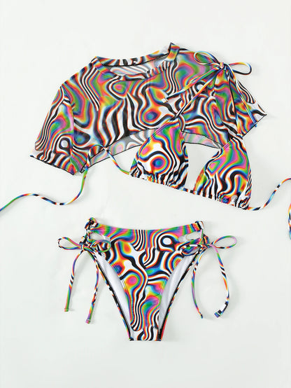 Short Sleeve 3 Piece Bikini Set with Mesh Cover Up Top Print Push Up Women Swimsuit Hollow Out  High Waist Bathing Suit Swimwear