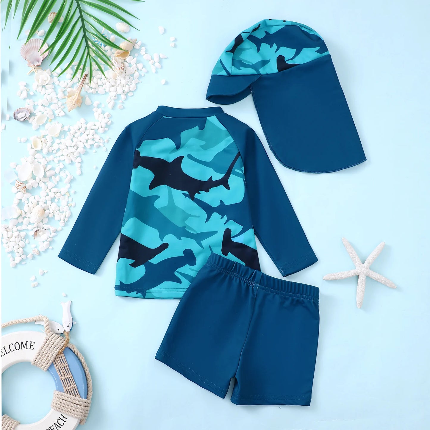 Baby Boys Shark Print Swimsuit Set with Sun Hat Protective Clothing - Swimming Suit for Infants And Toddlers