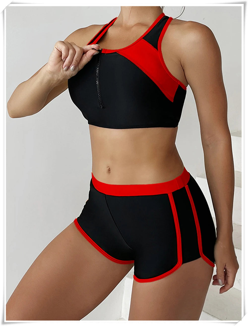 Two Piece Swimsuit Women Zipper Tankini Set High Waist Shorts Swimwear Female Bathing Swimming Suit Sports Beachwear Summer