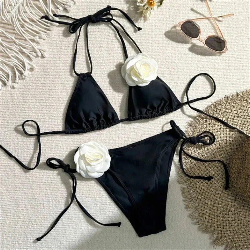 Flower Bandeau Swimwear Thong Bikini Women Lace-up Swimsuits Swimming Bathing Suit Brazilian Bikinis Set