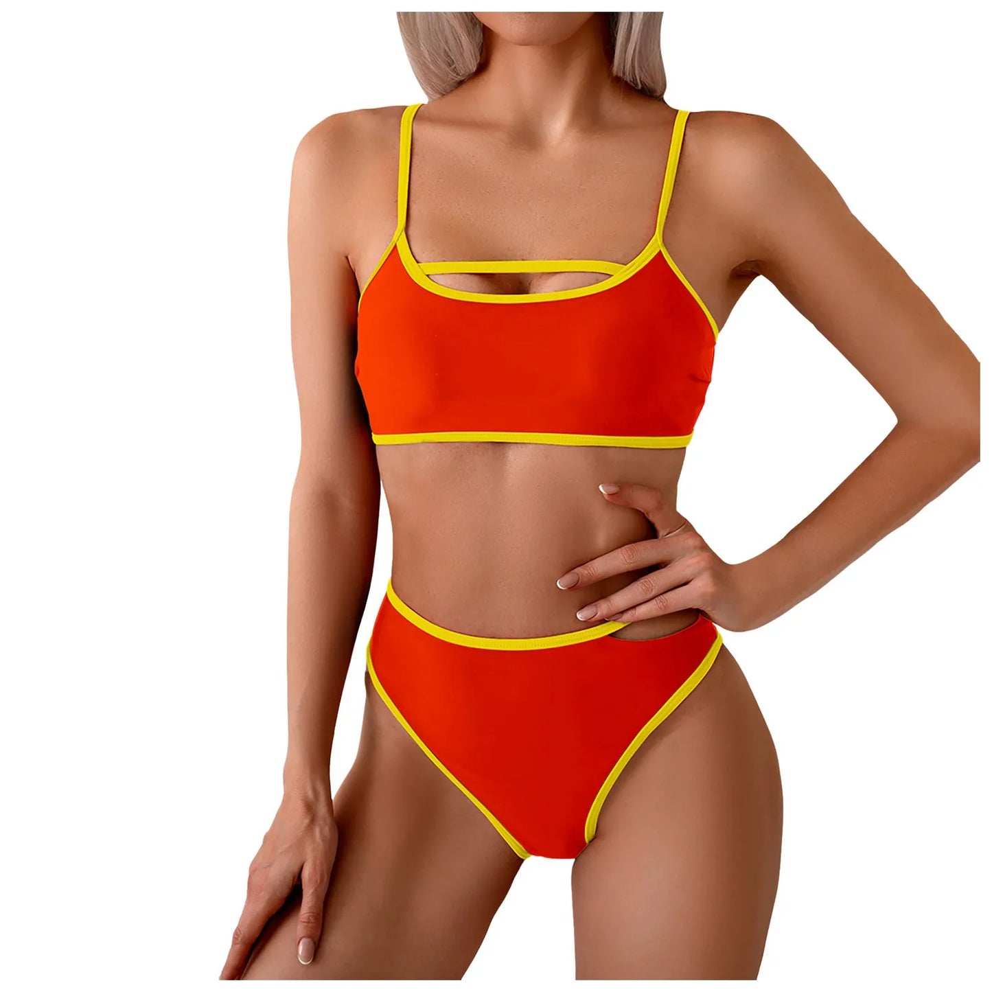 2 Piece Bikini Set Color Block Swimsuit Women Hollow Out Bathing Suit High Waisted Swimwear Brazillian Tankini