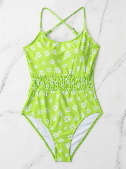 Straped Criss Back One Piece Swimsuit Vintage Swimwear Women Floral Print Bathing Suit Female Front Fold Beachwear Bodysuit