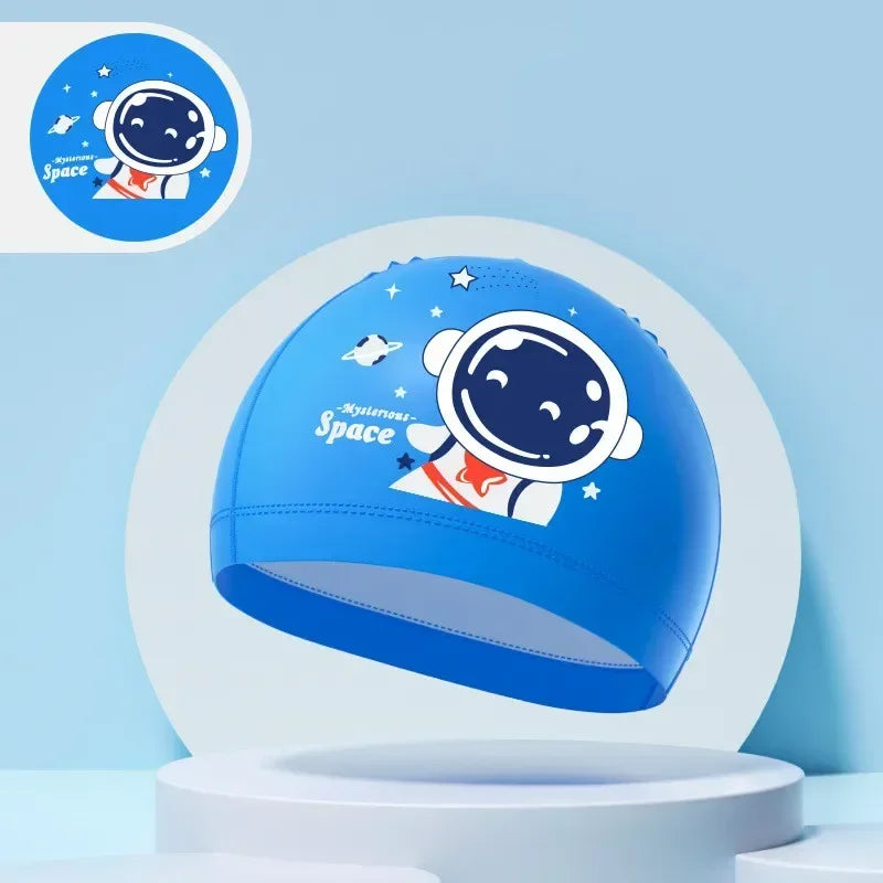 Children's Swimming Caps Boys Girls Kids Cartoon Swim Hat High Elastic Ear Protection PU Waterproof Swimming Cap