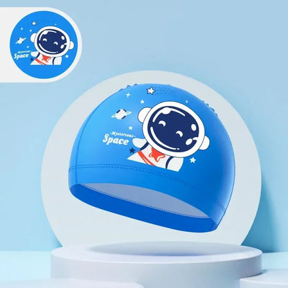 Children's Swimming Caps Boys Girls Kids Cartoon Swim Hat High Elastic Ear Protection PU Waterproof Swimming Cap