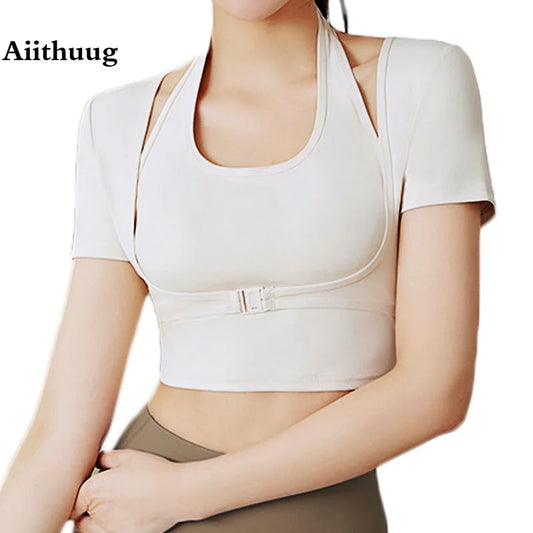 Two Pieces Yoga Shirts Short Sleeve Yoga Crop Tops Build In Cup Gym Crops Gym Shirt Fitness Workout Top Halterneck
