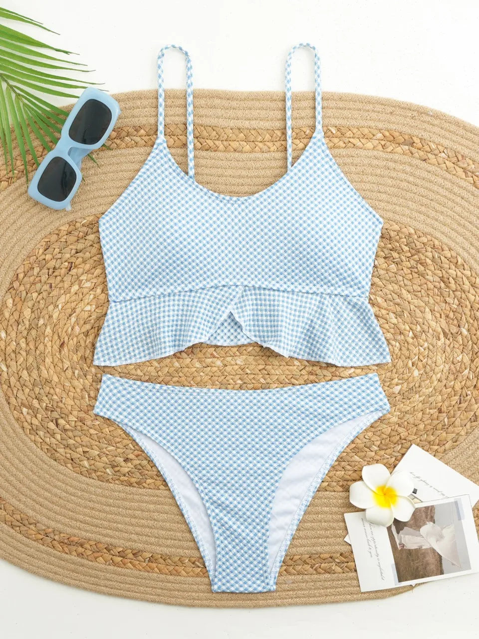 Strappy Ruffle Bikinis Solid Triangle Swimsuit Gingham Printed Swimwear Female Bathers Bathing Swimming Suit Beachwear