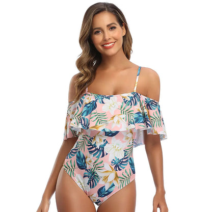 Ruffled Off Shoulder Swimwear Women One Piece Swimsuit Backless Printed Monokini Bodysuit Beachwear Bathing Suit Plus Size XXL