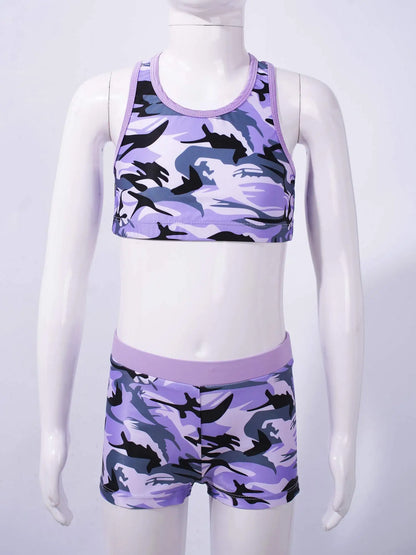 Kids Girls Athletic Tankini Set Swimsuit Racer Back Vest Bra Top + Bottoms Print Sport Bathing Suit For Beach Pool Swimming