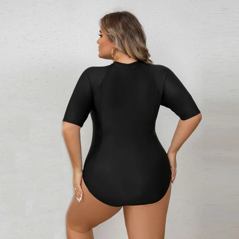 Plus Size Black Color Rashguard Women One Piece Swimsuit Solid Swimming Suit For Big Woman Modest Swimwear Surfing Suit
