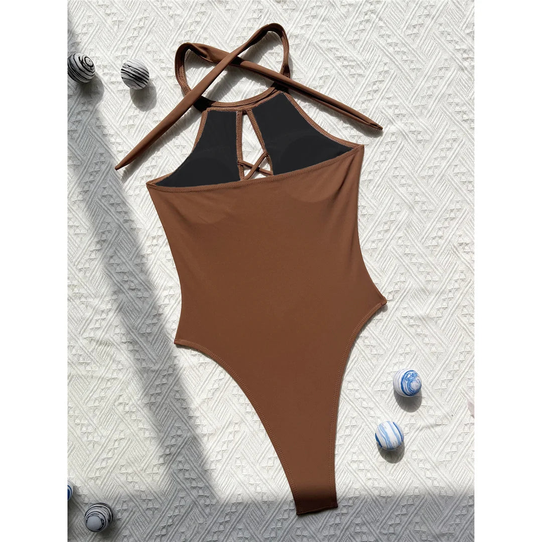 S - XL 7 Colors Lace Up High Neck Full Back Women Swimwear One Piece Swimsuit Female High Leg Cut Bather Bathing Suit Swim