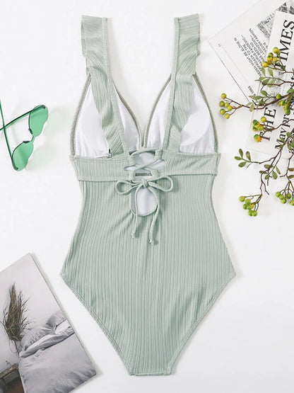 Ruffle Swimsuit One Piece Solid V-neck Backless Swimwear Women Bathing Swimming Swim Suit Female Padded Beach Wear Summer