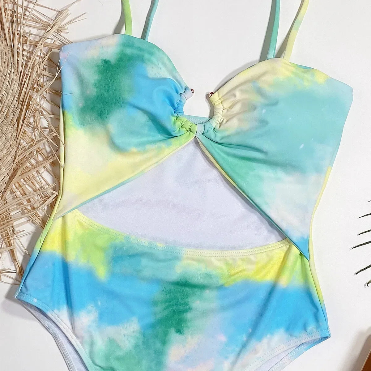 Tie Dye Tummy Cut Out Women Bandeau Swimwear One Piece Swimsuit Female High Cut Monokini Bather Bathing Suit Swim Lady