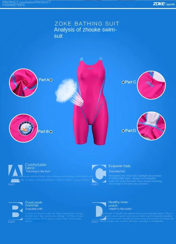 Zoke Competitive Swimsuit Fast skin Raining Professional Racing Knee-Length One-Piece Swimwear For Teens Girls