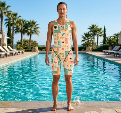 Female Printing Swimsuit Sport Competition Professional Multifunctional Training Bathing Suit Knee Length Swimwear Beach Wear