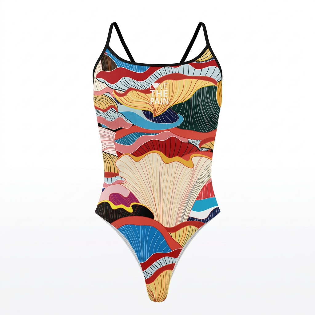 Abstract fan-print thin-strap one-piece swimsuit on a clean white background