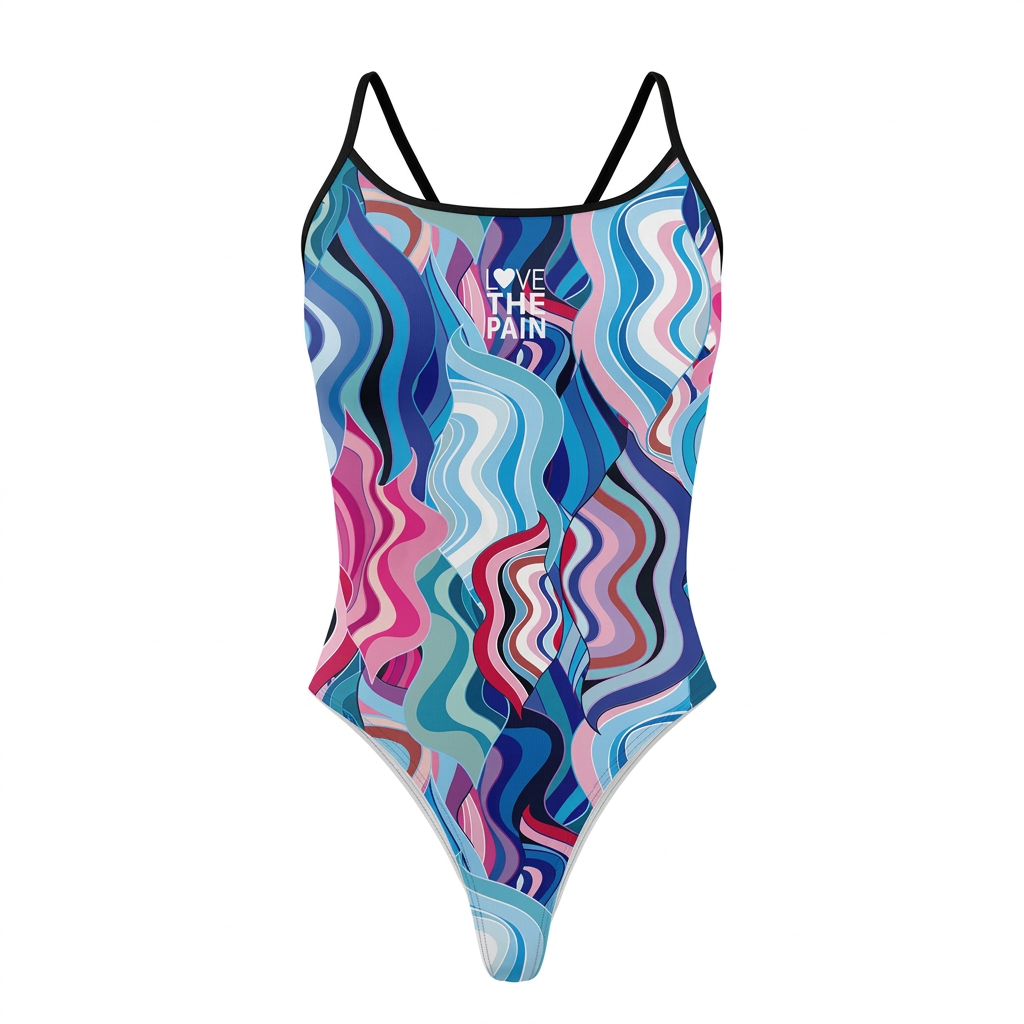 Blue pink and turquoise flowing-stripe one-piece swimsuit with single black shoulder straps on white