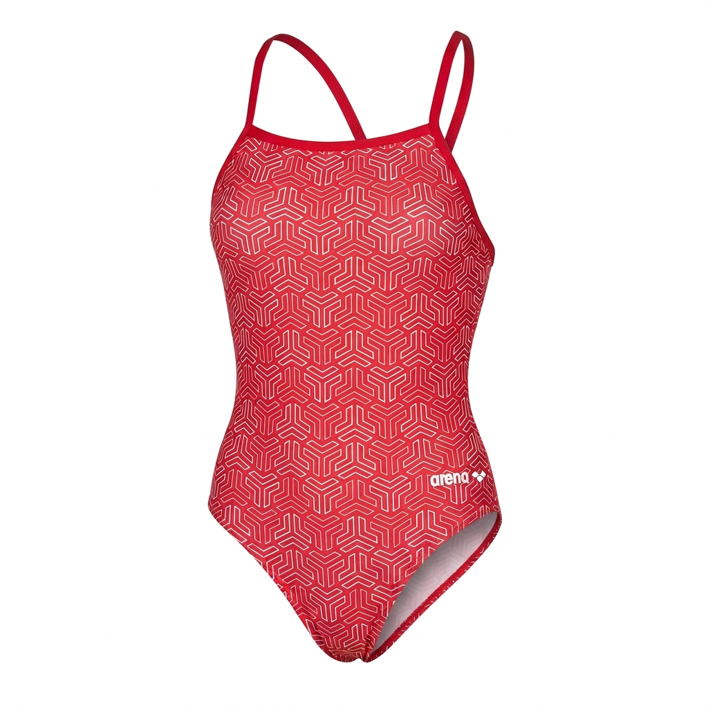 Red geometric thin-strap one-piece swimsuit, studio view