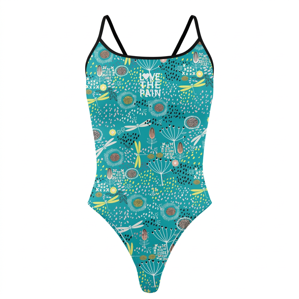 Turquoise botanical-print one-piece swimsuit on white background