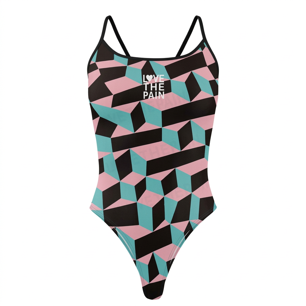 Pink teal and black geometric one-piece swimsuit, clean studio view