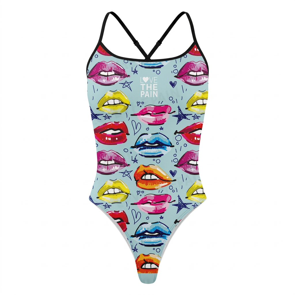 Colourful lips-print one-piece swimsuit on white background