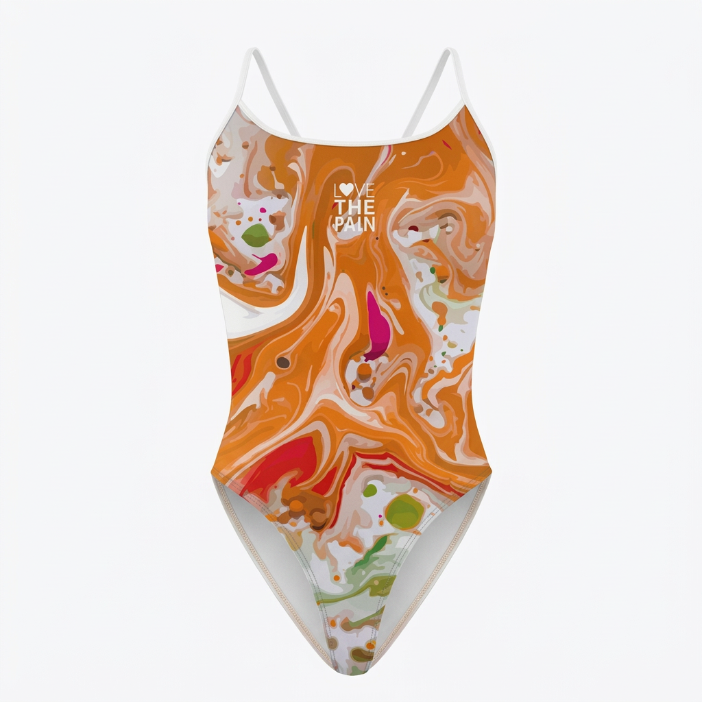 Orange swirl swimsuit with white straps, studio view