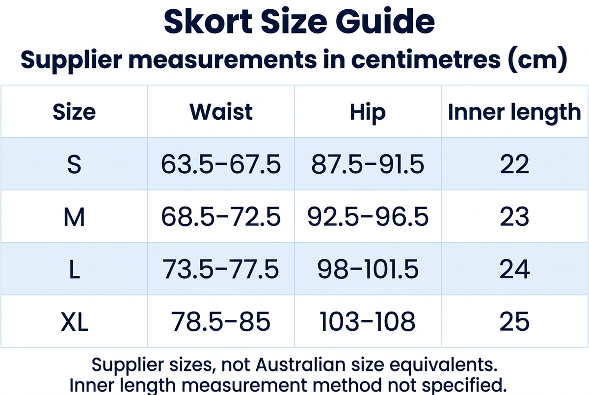 Skort supplier size guide in centimetres for sizes S to XL, with waist, hip and inner length measurements.