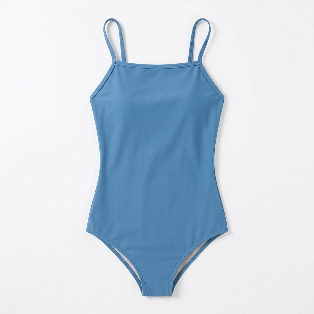 Plain blue thin-strap one-piece swimsuit on white background