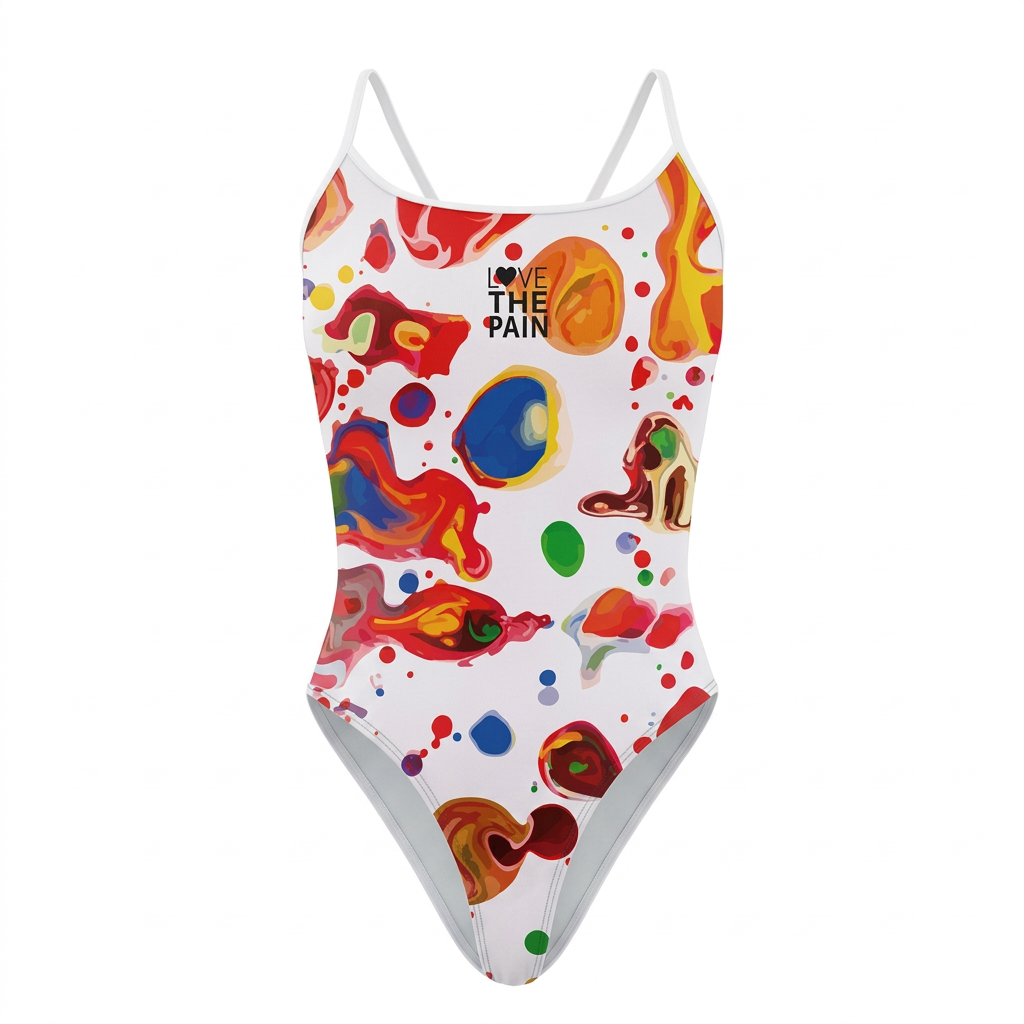 Multicolour abstract swimsuit with white straps, studio view