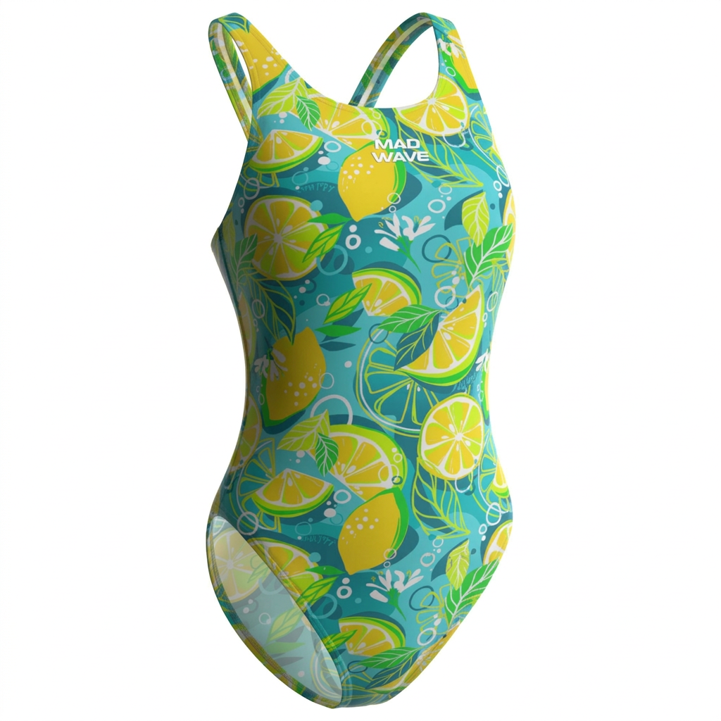 Yellow and turquoise citrus print one-piece swimsuit on white background