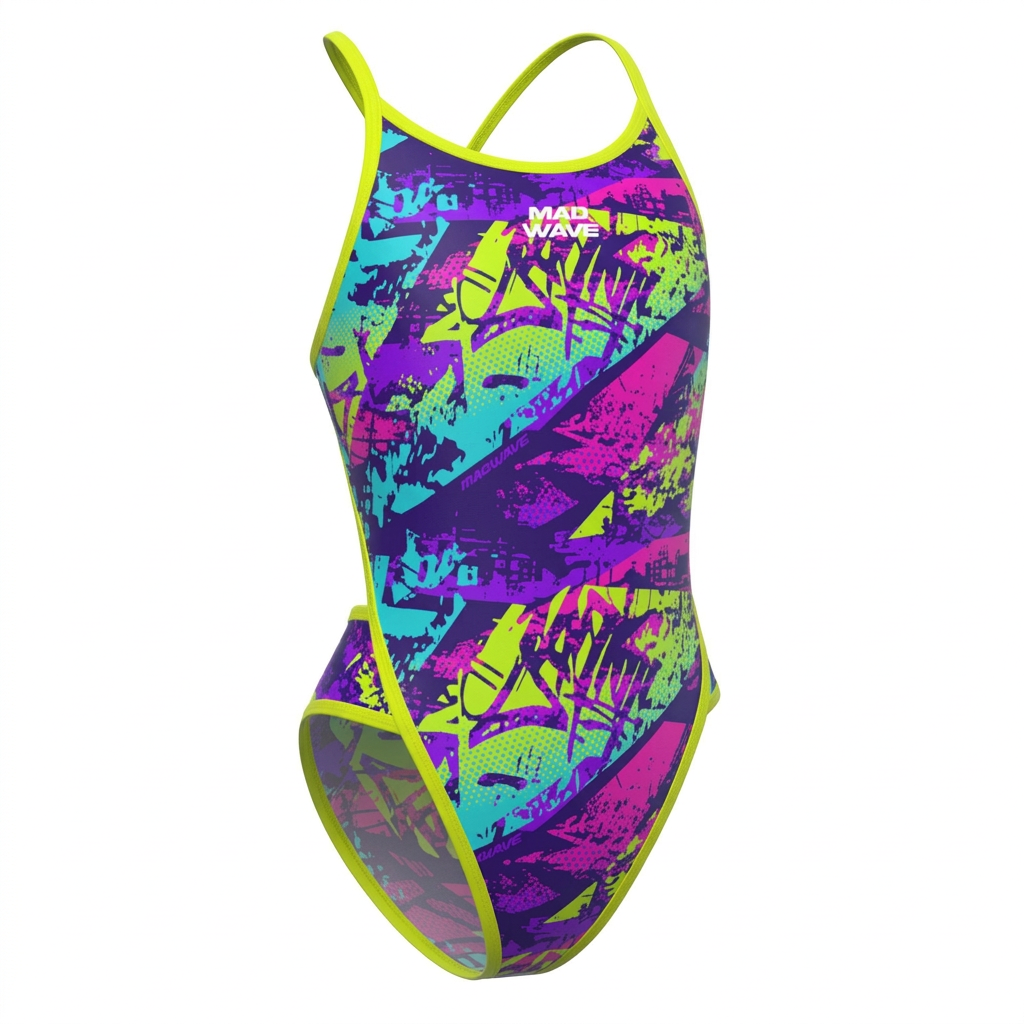 Purple abstract print one-piece swimsuit with lime trim