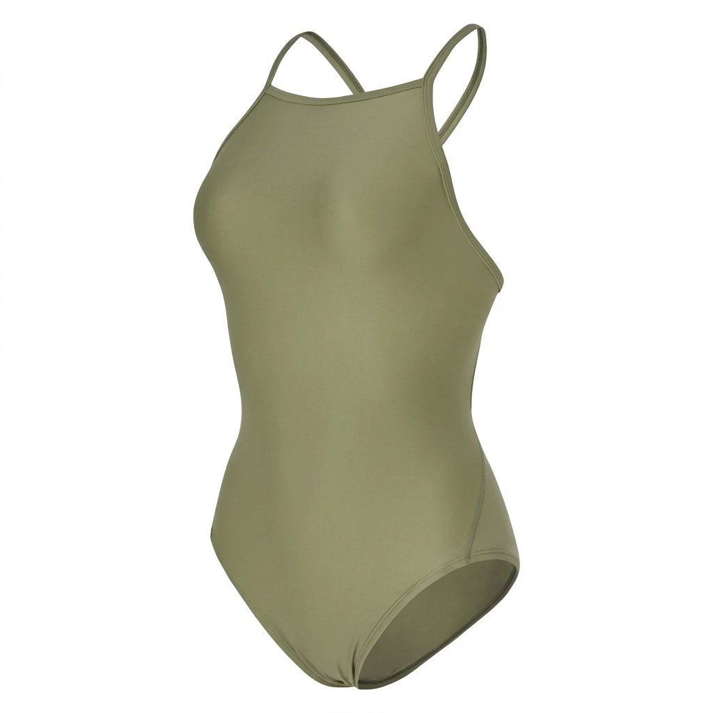 Plain olive thin-strap one-piece swimsuit on white background