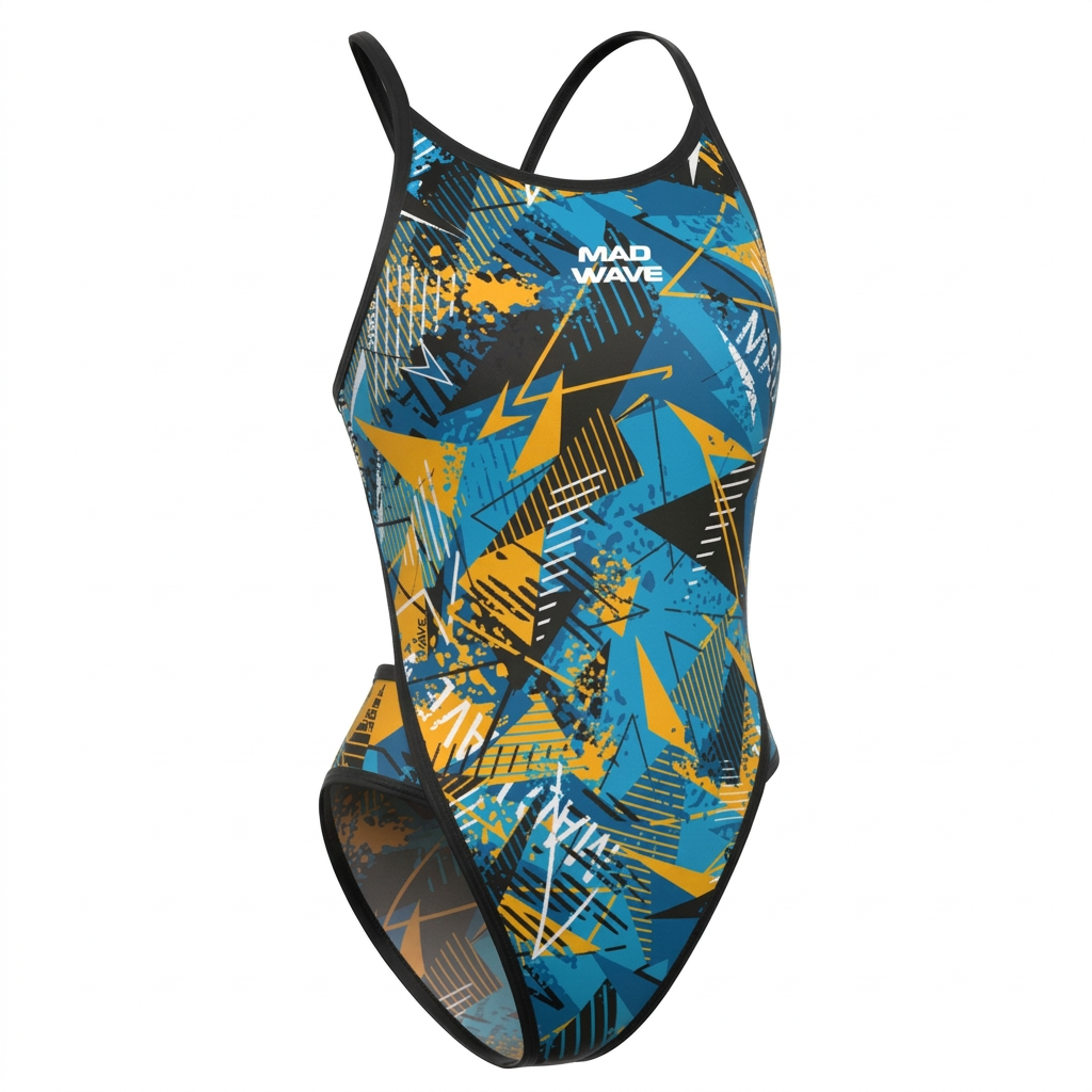 Blue and yellow geometric print one-piece swimsuit with black trim