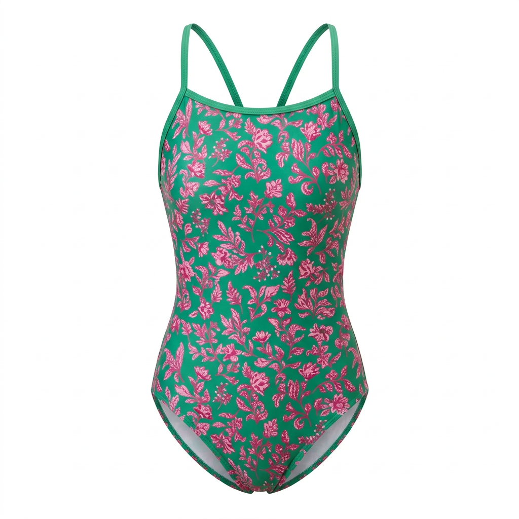 Green and pink floral-print one-piece swimsuit on white background
