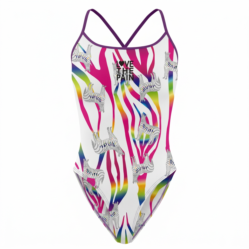 Rainbow zebra print one-piece swimsuit, clean studio view