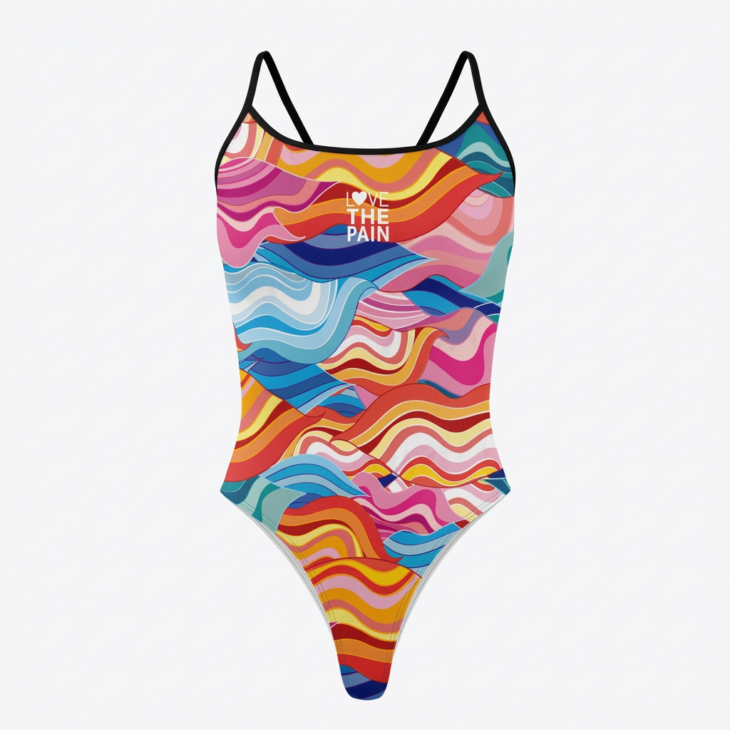 Rainbow wave-print thin-strap one-piece swimsuit on a clean white background