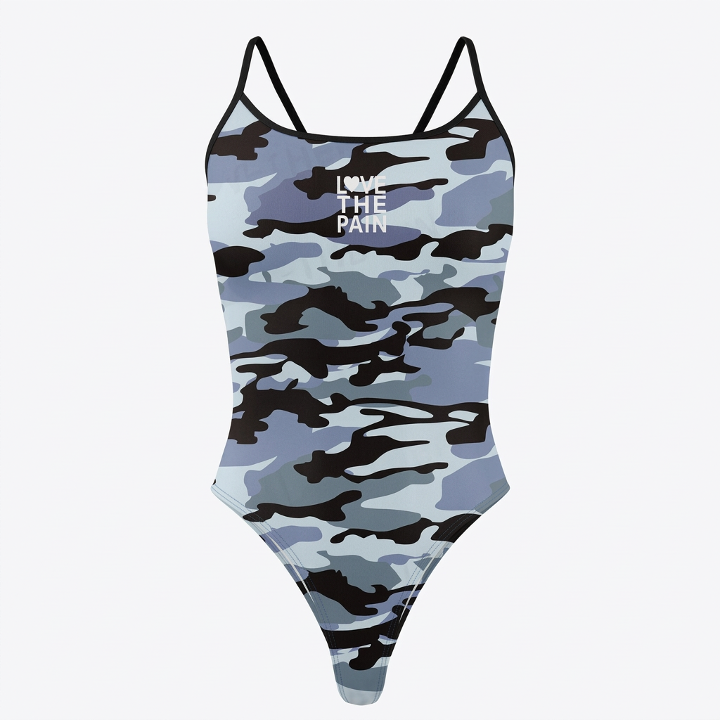 Blue camouflage one-piece swimsuit, clean studio view