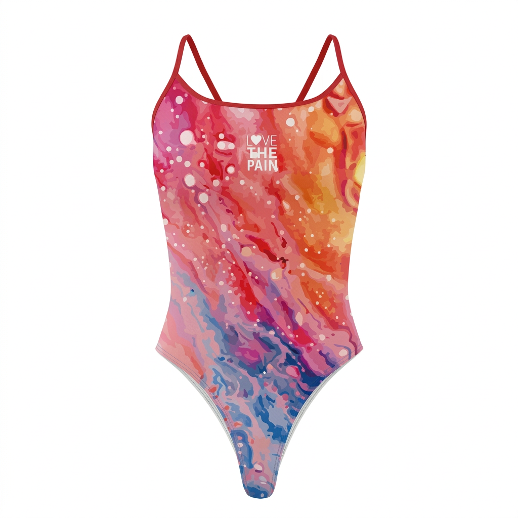 Rainbow marble swimsuit with red straps, studio view