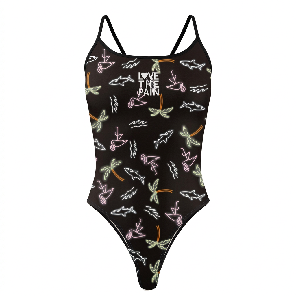 Black tropical doodle print one-piece swimsuit, clean studio view