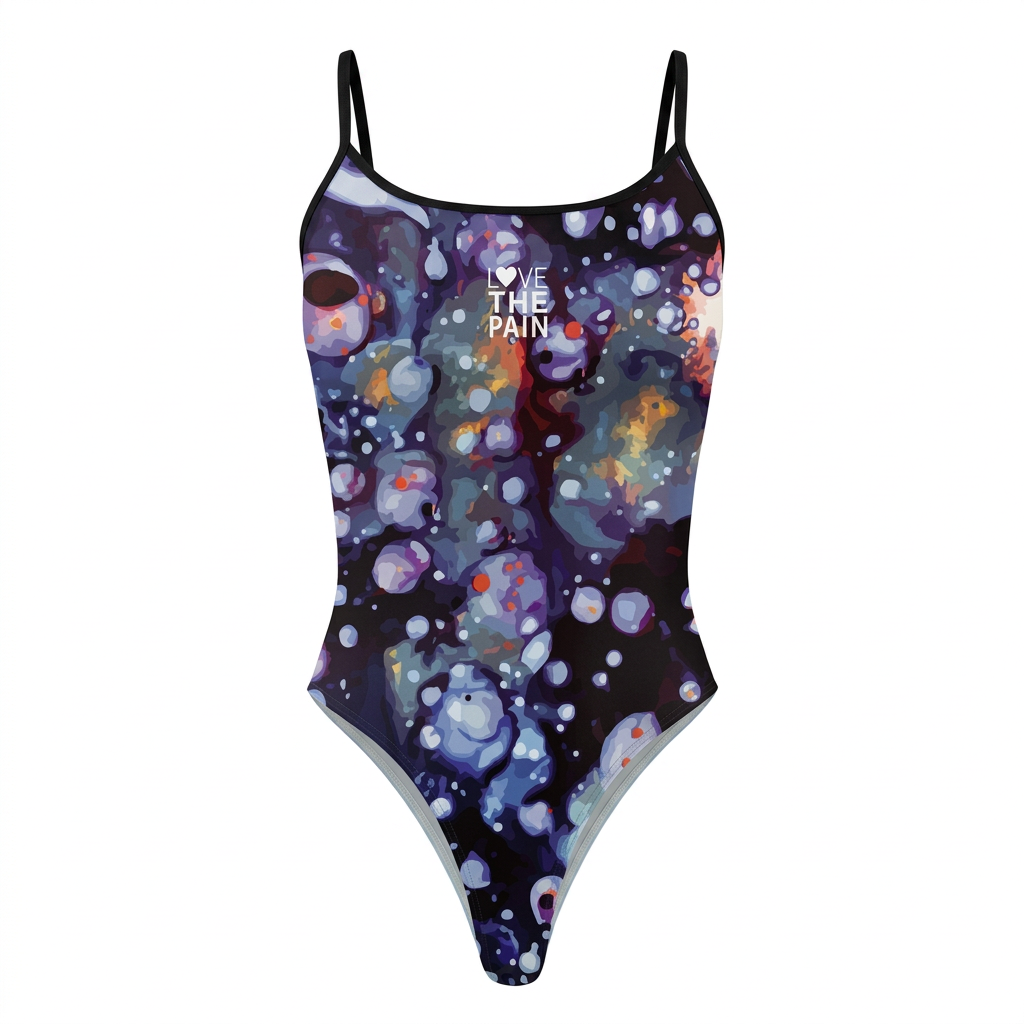 Dark bubble-print thin-strap one-piece swimsuit, studio view