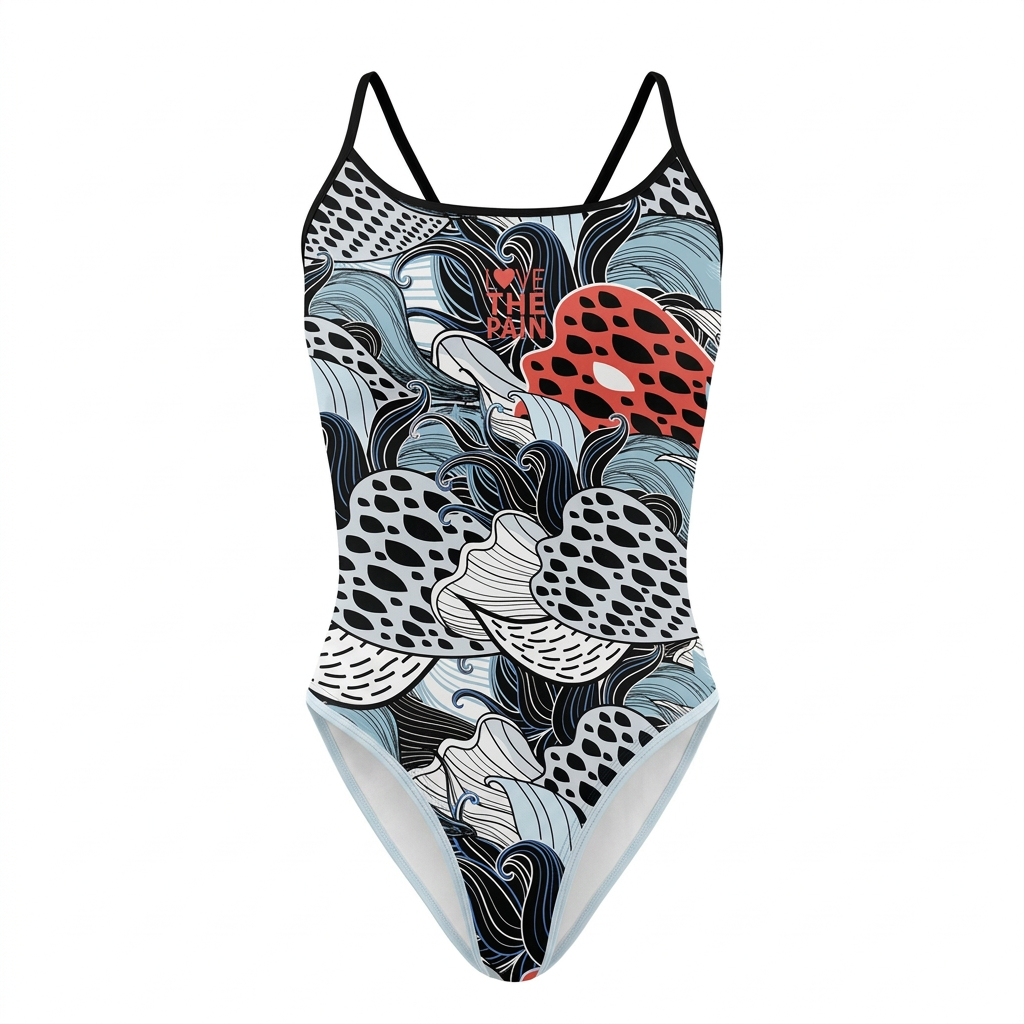 Black white pale blue and coral abstract-wave print one-piece swimsuit on white