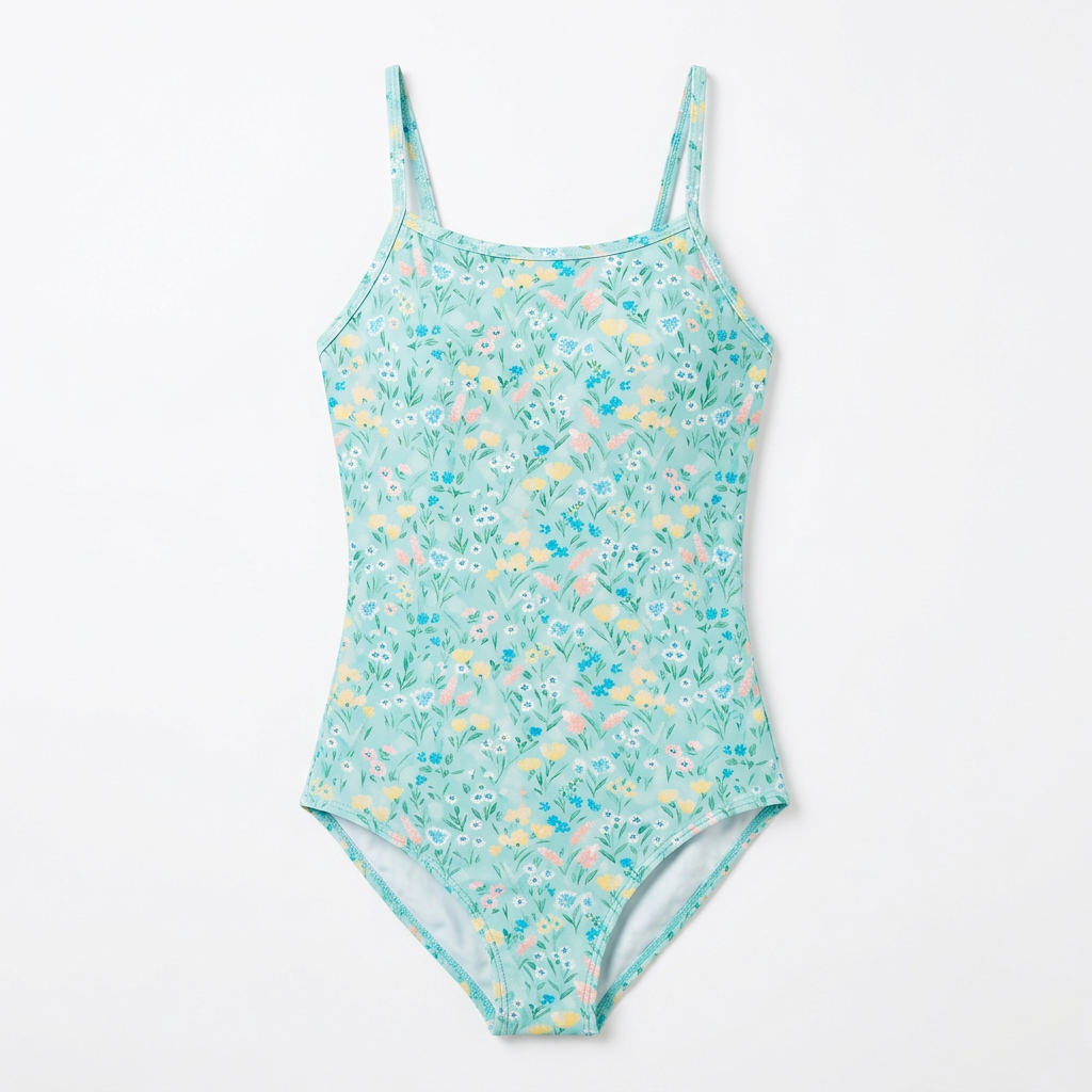 Mint floral-print one-piece swimsuit on white background